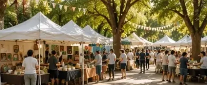 Feria al aire libre con toldos blancos y público