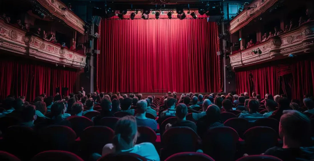 Público en un teatro frente al telón rojo